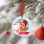 First Christmas Baby Girl Snowman Custom Photo Ornament<br><div class="desc">Baby's 1st Christmas holiday ornament features a custom photo,  name and birth year of baby girl with a jolly winter snowman and cute penguin. Red,  ice blue,  pink and white design features a winter snowflake patterned background.</div>