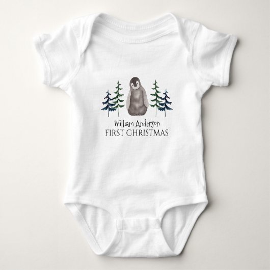 First Christmas Baby Penguin & Tree Personalisiert Baby Strampler (Vorderseite)