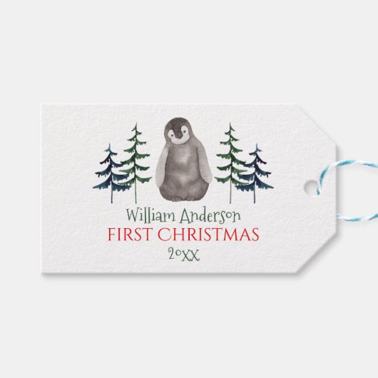 First Christmas Baby Penguin & Tree Personalisiert Geschenkanhänger (Vorderseite (Horizontal))