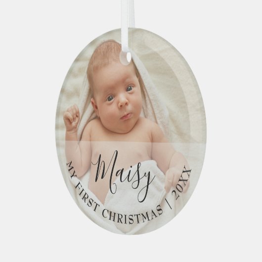 First Christmas Baby Photo Script Name Ornament Aus Glas (Vorderseite links)