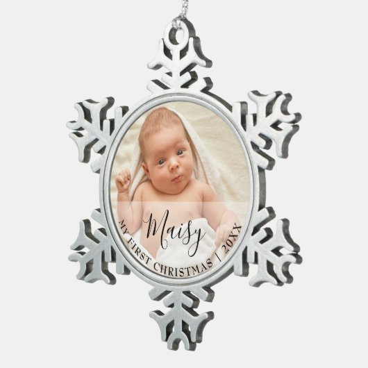 First Christmas Baby Photo Script Name Schneeflocken Zinn-Ornament (Rechts)