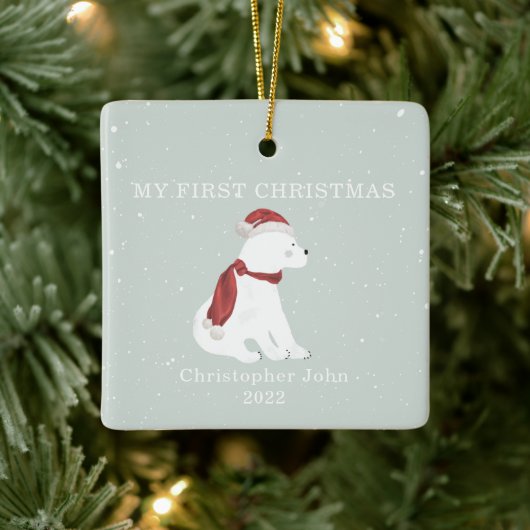 First Christmas Baby Polar Bear Blue Snow Keramikornament (Baum)