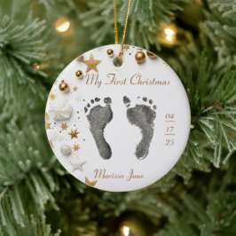 First Christmas Baby's Foot Prints Name Foto Star Keramik Ornament