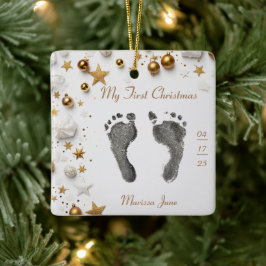 First Christmas Baby's Foot Prints Name Foto Star Keramikornament