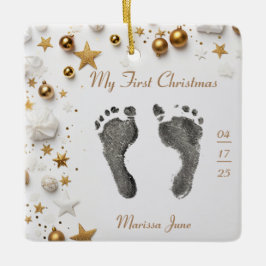 First Christmas Baby's Foot Prints Name Foto Star Keramikornament