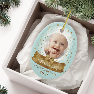 First Christmas Blue Baby Foto & Name Snow Globe Keramik Ornament