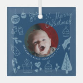 First Christmas Blue Cute Hand Drawn Doodles Ornament Aus Glas (Vorderseite)