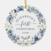 First Christmas Blue Rustic Wreath Keramik Ornament (Vorne)