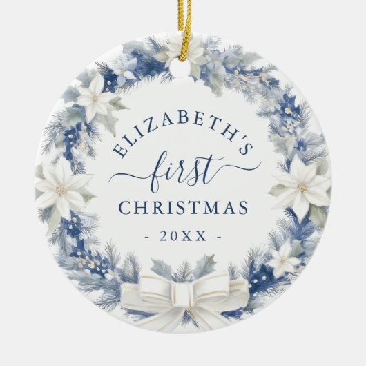 First Christmas Blue Rustic Wreath Keramik Ornament (Vorne)