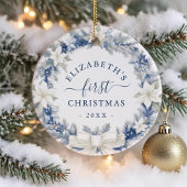 First Christmas Blue Rustic Wreath Keramik Ornament