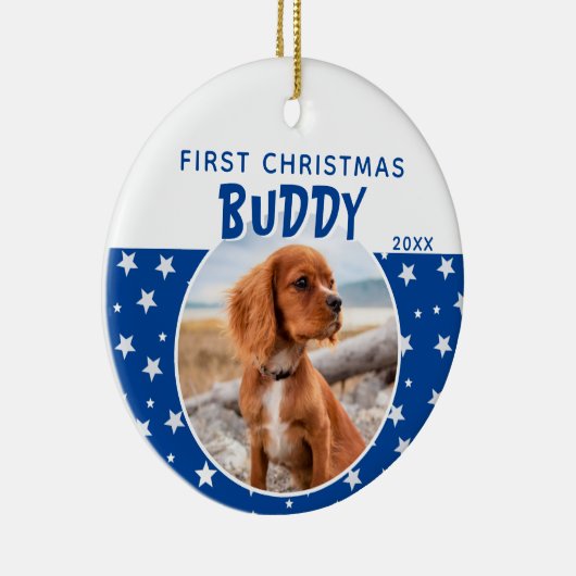 First Christmas Blue Star Pattern Puppy Dodge Foto Keramik Ornament (Rechts)