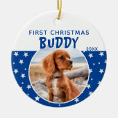First Christmas Blue Star Pattern Puppy Dodge Foto Keramik Ornament (Vorne)