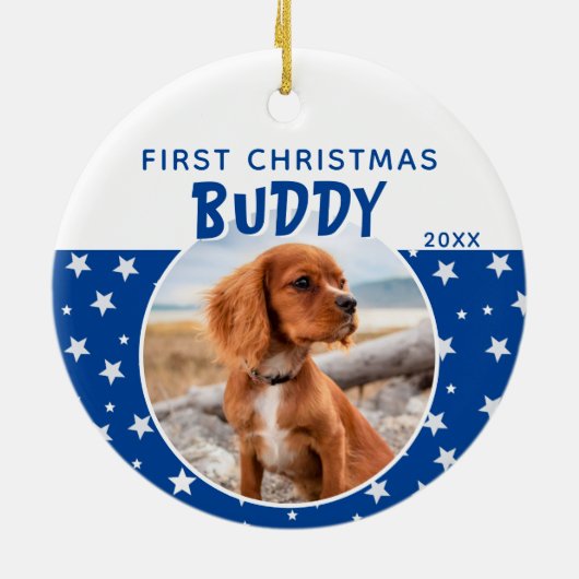First Christmas Blue Star Pattern Puppy Dodge Foto Keramik Ornament (Hinten)