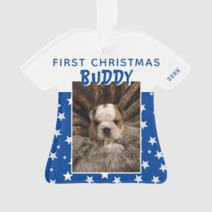 First Christmas Blue Star Pattern Puppy Dodge Foto Ornament