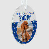 First Christmas Blue Star Pattern Puppy Dodge Foto Ornament (Vorderseite)