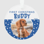 First Christmas Blue Star Pattern Puppy Dodge Foto Ornament (Rückseite)