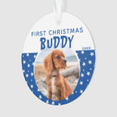 First Christmas Blue Star Pattern Puppy Dodge Foto Ornament (Vorderseite)