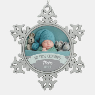 First Christmas Blush Green Baby Boy Foto Schneeflocken Zinn-Ornament