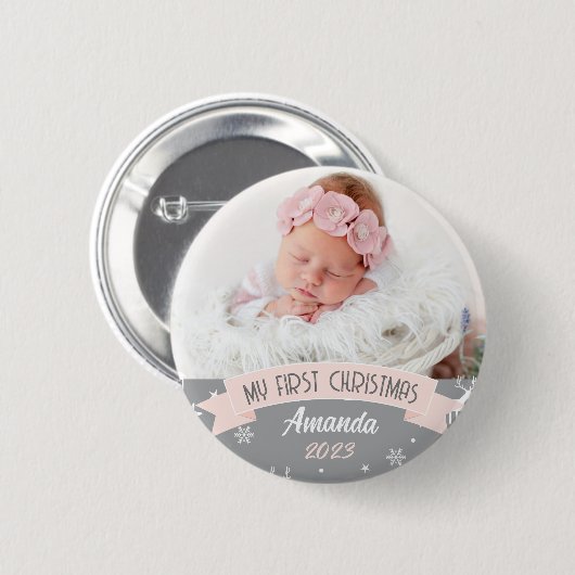 First Christmas Blush Pink Baby Girl Foto Button (Vorne & Hinten)