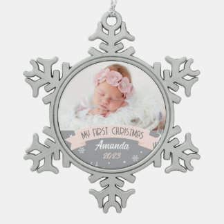First Christmas Blush Pink Baby Girl Foto Schneeflocken Zinn-Ornament
