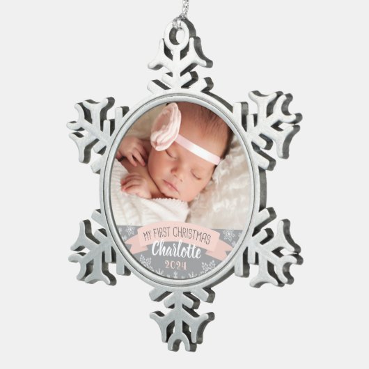 First Christmas Blush Pink Baby Girl Foto Schneeflocken Zinn-Ornament (Rechts)