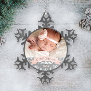 First Christmas Blush Pink Baby Girl Foto Schneeflocken Zinn-Ornament