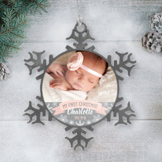 First Christmas Blush Pink Baby Girl Foto Schneeflocken Zinn-Ornament