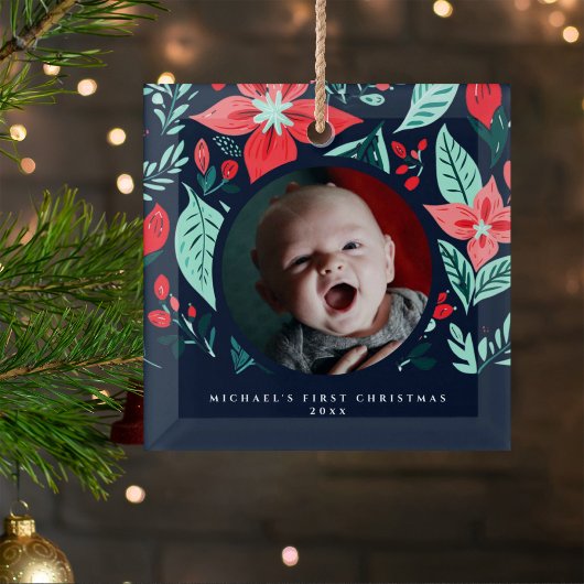 First Christmas Botanical Red Floral Blue Photo Ornament Aus Glas