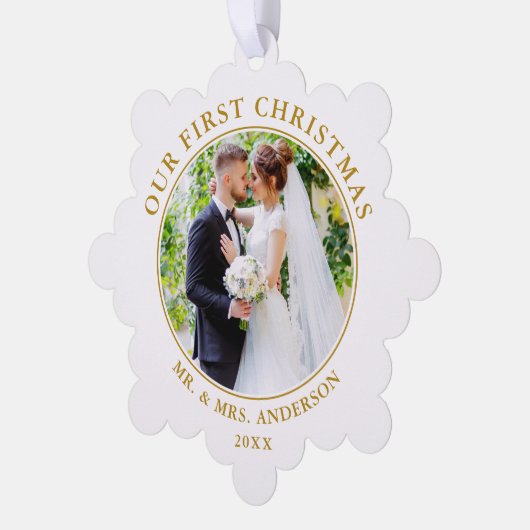 First Christmas Couple Foto Gold Ornament Card (Linke Ecke)