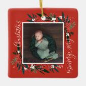  First Christmas Cranberry & Foliage Baby Foto Keramikornament (Vorderseite)