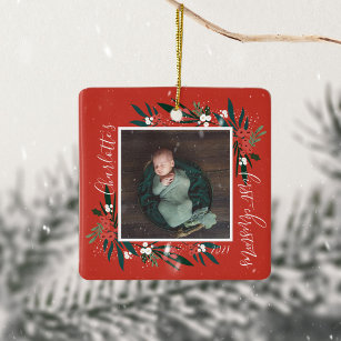  First Christmas Cranberry & Foliage Baby Foto Keramikornament