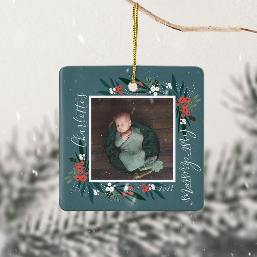 First Christmas Cranberry & Foliage Baby Foto Keramikornament