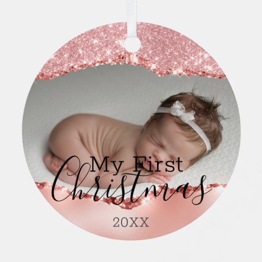 First Christmas Custom Baby Foto & Pink Glitzer Ornament Aus Metall (Rückseite)