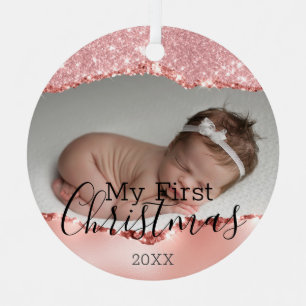 First Christmas Custom Baby Foto & Pink Glitzer Ornament Aus Metall