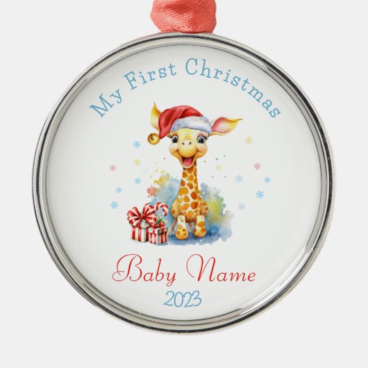 First Christmas Custom Name Baby Giraffe Keepsake Ornament Aus Metall (Vorne)