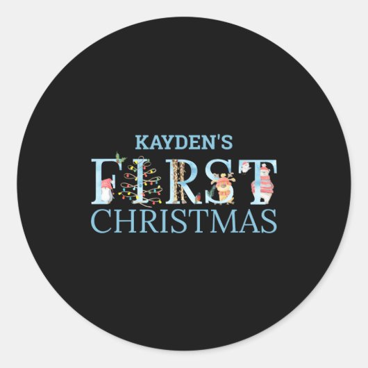 First Christmas Cute Animal Letters Boy Name Baby Runder Aufkleber (Vorderseite)