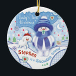 First Christmas, Cute Ornament for Baby Boy<br><div class="desc">Once upon a time, there was a very special ornament for a very special little boy. This ornament was special beursache it was the little boy's very first Christmas. This is hat sweet round ceramic ornament with two Snowbie characters illustrated on the front. Auf Snowbie Boy und His Snow Dog....</div>