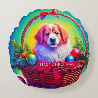 First Christmas Cutest Dog in Holiday Basket Rundes Kissen