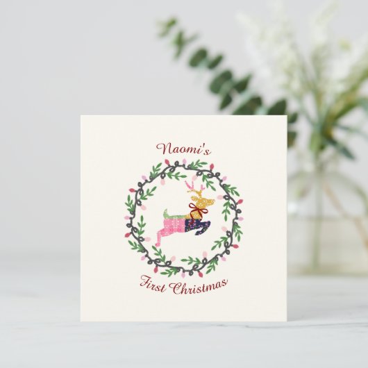 First Christmas Deer with Wreath Customize Card (Stehend Vorderseite)