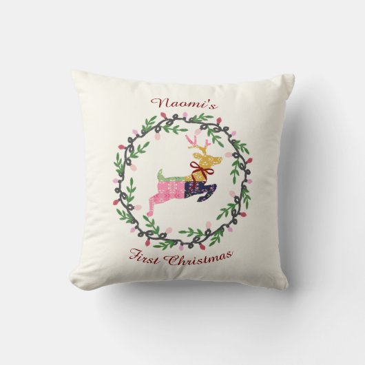 First Christmas Deer with Wreath Customize Kissen (Vorderseite)