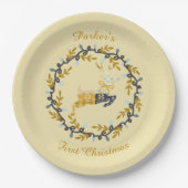 First Christmas Deer with Wreath Soft Yellow Pappteller (Vorderseite)