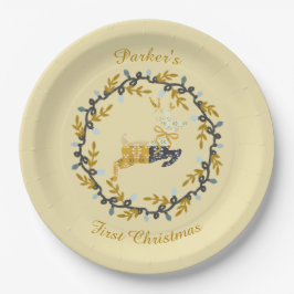 First Christmas Deer with Wreath Soft Yellow Pappteller
