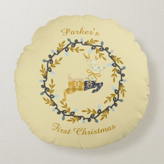 First Christmas Deer with Wreath Soft Yellow Rundes Kissen (Vorderseite)