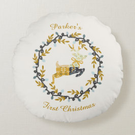 First Christmas Deer with Wreath Yellow Cream Rundes Kissen