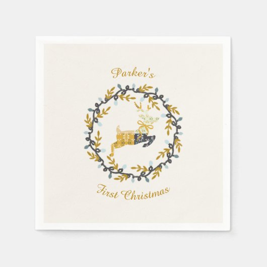 First Christmas Deer with Wreath Yellow Cream Serviette (Vorderseite)
