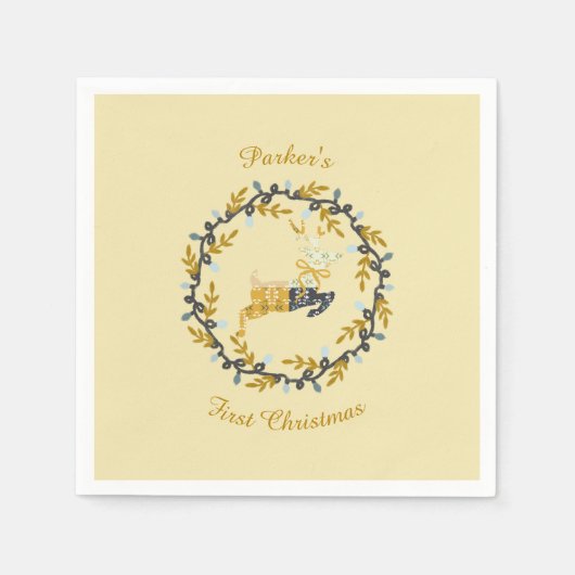 First Christmas Deer with Wreath Yellow Serviette (Vorderseite)