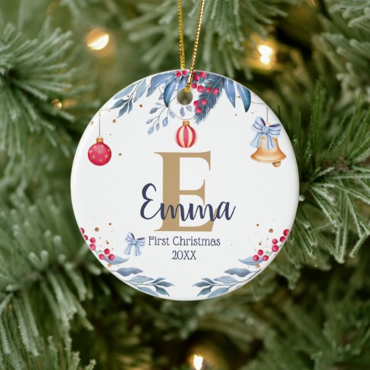 First Christmas elegante Custom Monogram Baby Keramik Ornament (Baum)