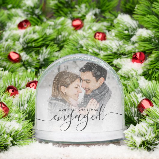 First Christmas Engaged 2 Photo Black Script Schneekugeln (Weihnachten)