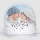 First Christmas Engaged 2 Photo Dusty Blue Script Schneekugeln (Vorderseite)