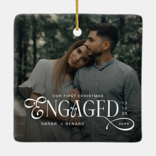 First Christmas Engaged  Chic Couples 2 Photos  Keramikornament (Rückseite)